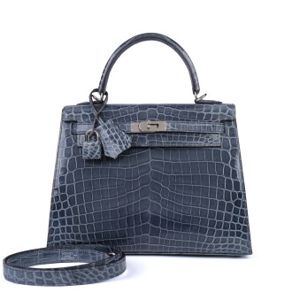 View 1 of Lot 26: Bleu Tempête Shiny Niloticus Crocodile Kelly 25 Sellier Palladium Hardware, 2016