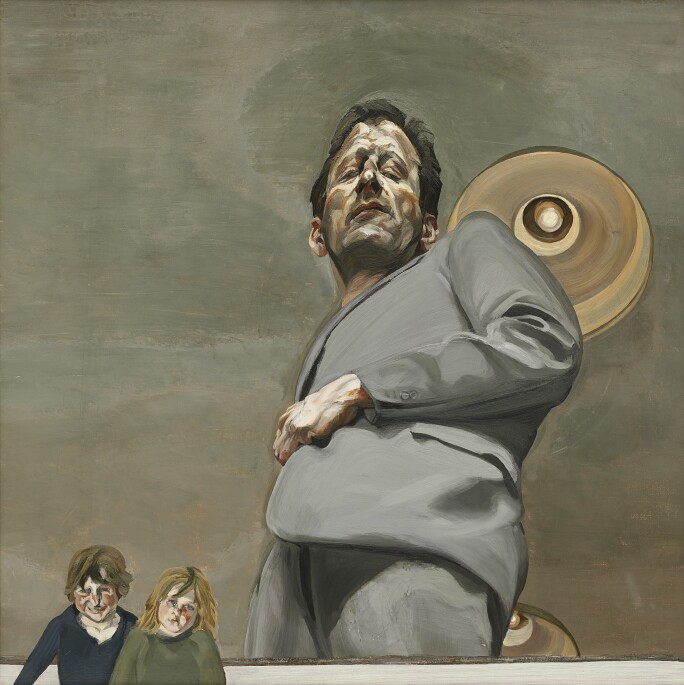 Painting of a man in the gray suit from below, to the left of him and the small images of two children.