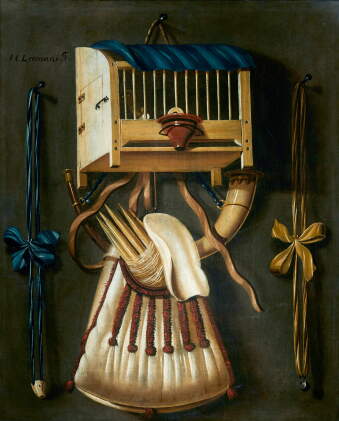 Catalog image of johannes leemans | trompe-l’œil still life with a bird cage and hunting equipment
