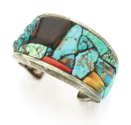 Catalog image of charles loloma | turquoise, wood, coral and tiger's eye cuff-bracelet
