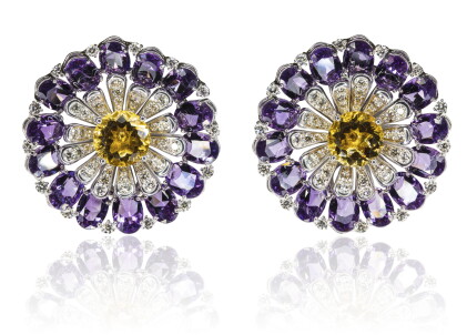 Catalog image of pair of amethyst, citrine and diamond ear clips, michele della valle