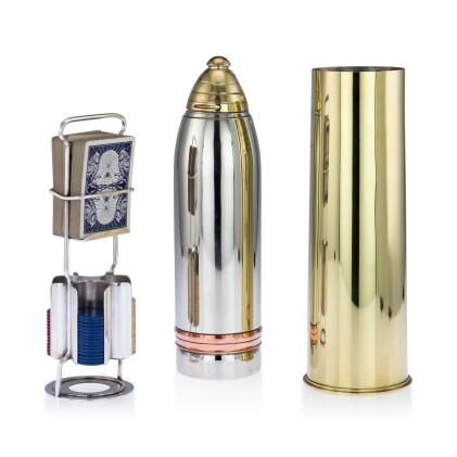 Catalog image of a very large american silver-plated, brass and copper gorham cocktail shaker/cu…