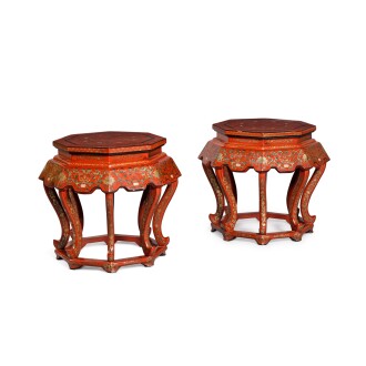 View 1 of Lot 44: A pair of Chinese red lacquer octagonal urn stands