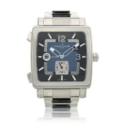 Catalog image of Reference 243-92 A stainless steel square shaped automatic dual time wristwatch…