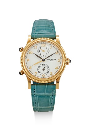 Catalog image of patek philippe | travel time, reference 4864, a yellow gold dual time zone wris…