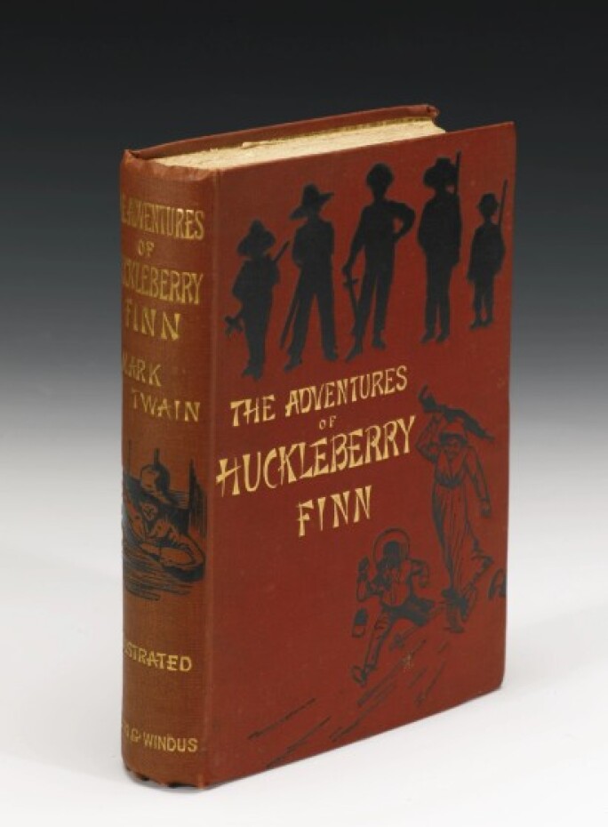 First edition, first issue of The Adventures of Huckleberry Finn by Mark Twain, published by Chatto & Windus in 1884, in original red pictorial cloth with gilt and black stamping and 32 pages of October 1884 advertisements.