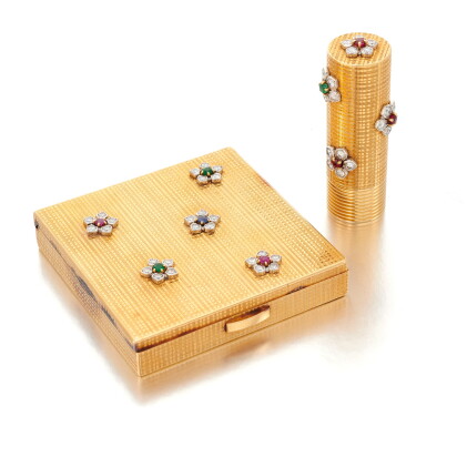 Catalog image of cartier | emerald, ruby, sapphire and diamond powder box and lipstick holder (p…
