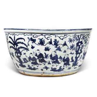 View 1 of Lot 87: A very large blue and white 'boys' fishbowl, Mark and period of Jiajing | 明嘉靖 青花嬰戲圖大缸 《大明嘉靖年製》款