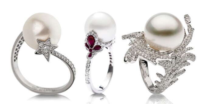 Chanel White Gold, Cultured Pearls and Diamond Comète Ring, Autore White Gold, Cultured Pearl, Ruby and Diamond Ring and White Gold, Cultured Pearl and Diamond Ring