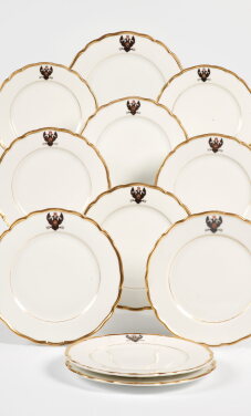 View 1 of Lot 215: Twelve Porcelain Plates from the Service of Grand Duke Konstantin Nikolaevich, Kornilov Porcelain Factory, St Petersburg, late 19th century 