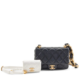 View 1 of Lot 171: Set of Two: Black Quilted Lambskin Funky Town Mini Square Flap Aged Gold Hardware, 2022 and White Quilted Lambskin Micro Waist Bag Aged Gold and White Enamel Hardware, 2022