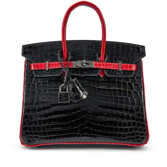 View 1 of Lot 1663: Black and Rouge Braise Shiny Niloticus Crocodile Custom Birkin 25 Ruthenium Hardware, 2006