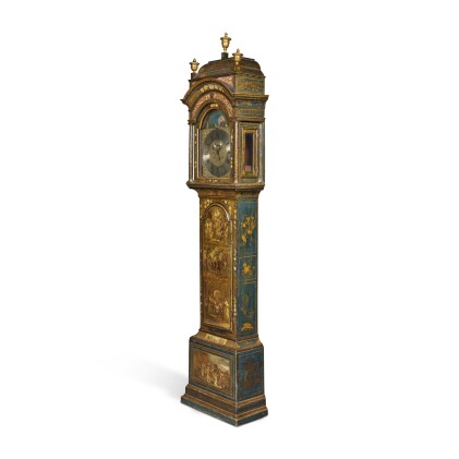 View 1 of Lot 133: A George II Japanned, Painted and Decoupage Longcase Clock Depicting Scenes from Don Quixote, Circa 1760 the dial signed H. Baker Appleby