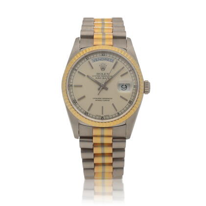 Catalog image of Retailed by Bucherer: Tridor Day-Date, Ref. 18239B White, yellow and pink gold …