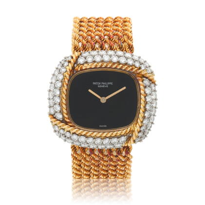 Catalog image of Reference 4336, A yellow gold and diamond-set cushion shaped bracelet watch, Ci…