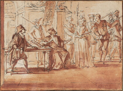 Catalog image of Farcical scene with Harlequin as a police commissioner