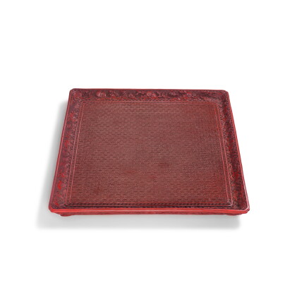 a large carved cinnabar lacquer square tea tray, qing dynasty, 18th century