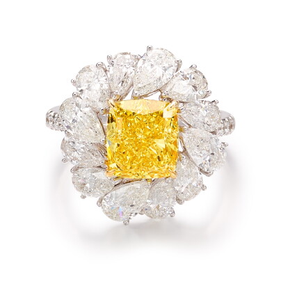 Catalog image of fancy vivid yellow diamond and diamond ring | 3.03卡拉 古墊形 艷彩黃色 vs1淨度 鑽石 配 鑽石 戒指