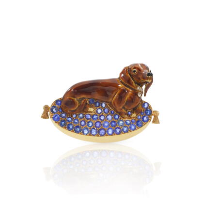 Catalog image of Sapphire, enamel and diamond brooch, circa 1955