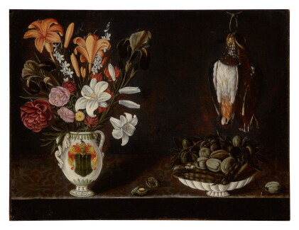 Catalog image of Still life with heraldic vase of flowers next to a shallow bowl of fruit and de…