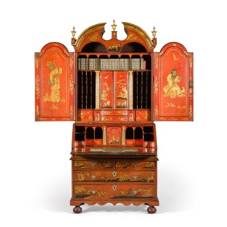 View 1 of Lot 37: A George I gilt and scarlet-japanned bureau-cabinet, circa 1720, in the manner of John Belchier