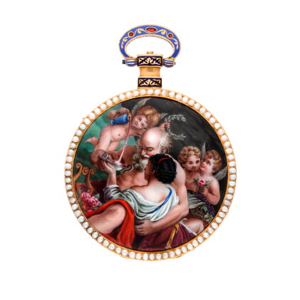 Catalog image of A gold, enamel and pearl-set musical cylinder watch playing on the hour or on d…