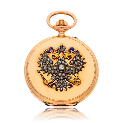 Catalog image of A gold and diamond-set hunting cased presentation watch made for the Russian ma…