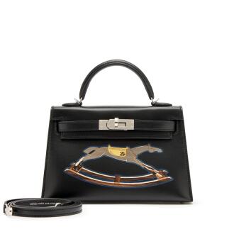 View 1 of Lot 38: Limited Edition Black Tadelakt and Wood Marquetry Cheval de Bois Mini Kelly II 20 Palladium Hardware, 2025