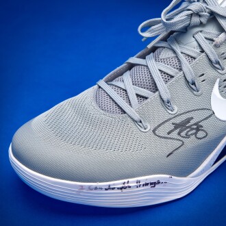 View 1 of Lot 34: Stephen Curry 2025-2026 Game Worn Dual-Signed and Inscribed Nike Kobe 9 Elite Low 'Wolf Grey'