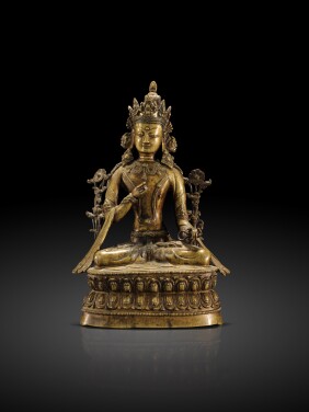 View 1 of Lot 37: A copper alloy figure of a Bön deity, Tibet, 16th century | 十六世紀 藏傳銅合金苯教佛坐像