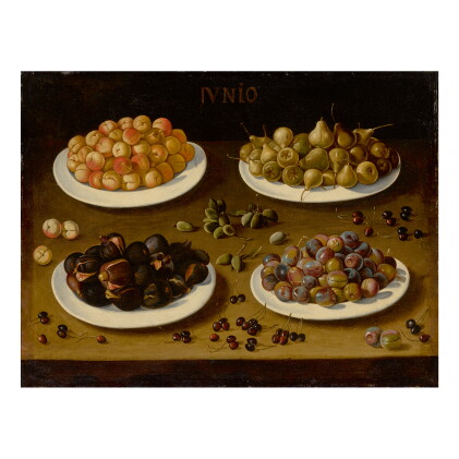 Catalog image of spanish school, 17th century | an allegorical still life of june, with plates o…