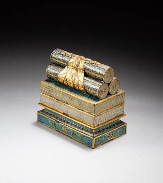 View 1 of Lot 141: A gilt-bronze and cloisonné enamel covered box Qing dynasty, Qianlong period | 清乾隆 掐絲琺瑯卷軸畫冊式蓋盒