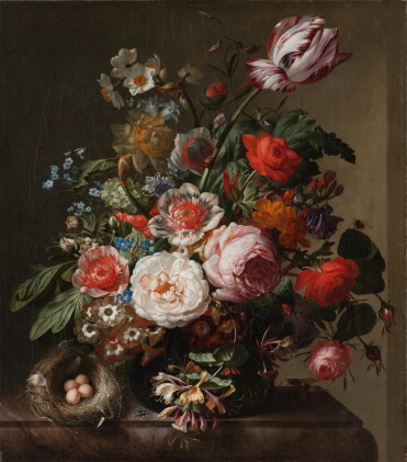 Catalog image of Still life of flowers in a vase with a bird's nest upon a marble ledge《靜物：大理石臺上…