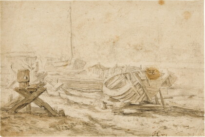 Catalog image of A Boatyard with small vessels hauled ashore