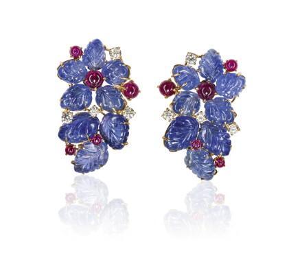 Catalog image of pair of sapphire, ruby and diamond ear clips, michele della valle