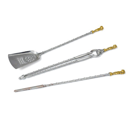 Catalog image of Lot comprising six iron and gilt-bronze fireirons, each comprising a shovel, a …