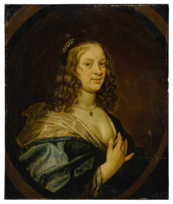 Catalog image of Portrait of a lady, half-length, wearing a pearl necklace with a heart pendant,…