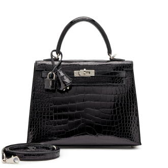View 1 of Lot 30: Black Shiny Alligator Kelly 25 Sellier Palladium Hardware, 2018