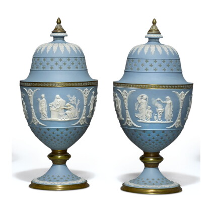 Catalog image of a pair of wedgwood three-color jasperware gilt-metal mounted vases and fixed co…