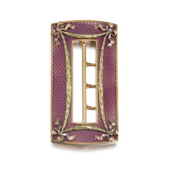 View 1 of Lot 104: A Faberge jewelled varicoloured gold and guilloché enamel belt buckle, workmaster Oskar Pihl, Moscow, circa 1890