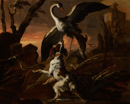 Catalog image of abraham hondius | three dogs attacking a crane in a landscape