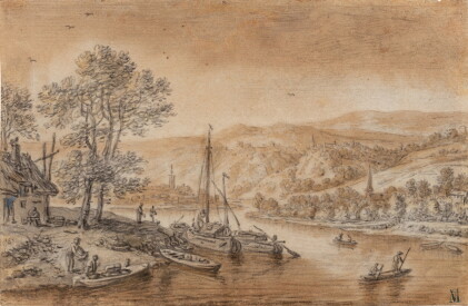 Catalog image of A Rhine landscape, with boats and figures in the foreground
