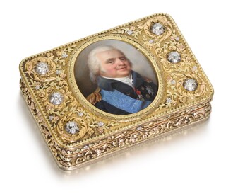 View 1 of Lot 15: A jewelled four-colour gold and enamel Royal portrait presentation snuff box, Charles Colins & Söhne, Hanau, circa 1822