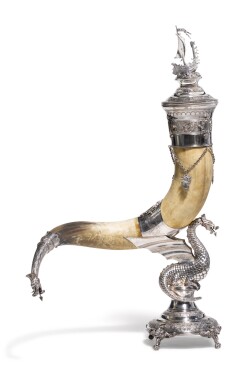 View 1 of Lot 337: A Monumental Scandinavian Silver-Plate Mounted Drinking Horn and Cover, signed J.G. Hentze, probably Danish, Dated 1893