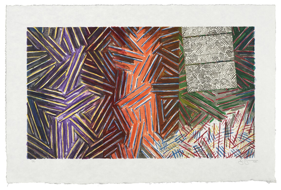 Print featuring multicoloured abstract hatching motifs