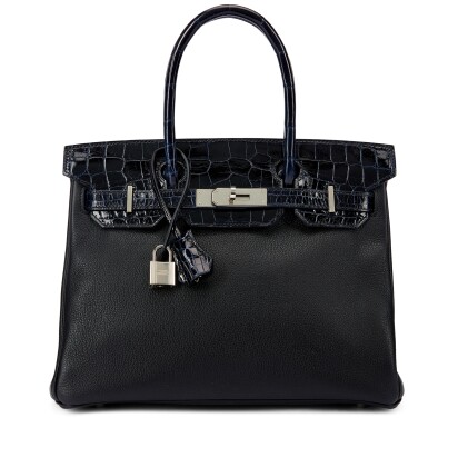 View 1 of Lot 1108: Limited Edition Bleu Marine Shiny Niloticus Crocodile and Black Novillo Touch Birkin 30 Palladium Hardware, 2019