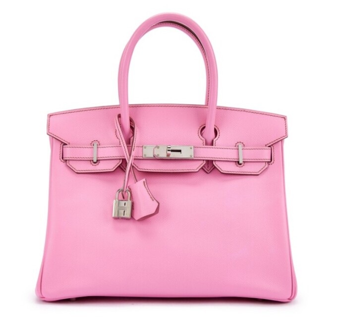 Hermès Birkin 30 in 5P Bubblegum Pink Epsom leather with palladium hardware, shown with tonal pink Chèvre leather interior against a neutral background.