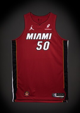 View 1 of Lot 55: Vladislav Goldin Miami Heat 2025-2026 Emirates NBA Cup Game Issued Stat.mes
nt Edition Jersey 
