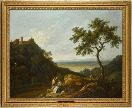 Catalog image of An extensive Italianate landscape with figures in the foreground, and a classic…