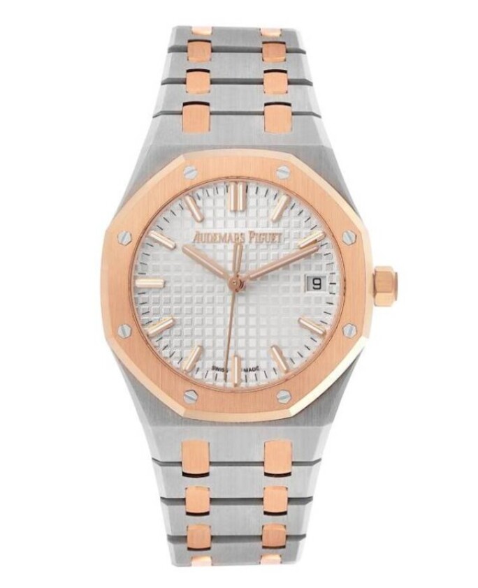 Audemars Piguet Royal Oak 34mm wristwatch in stainless steel and rose gold, featuring a silver-toned Grande Tapisserie dial and signature octagonal bezel with integrated bracelet.